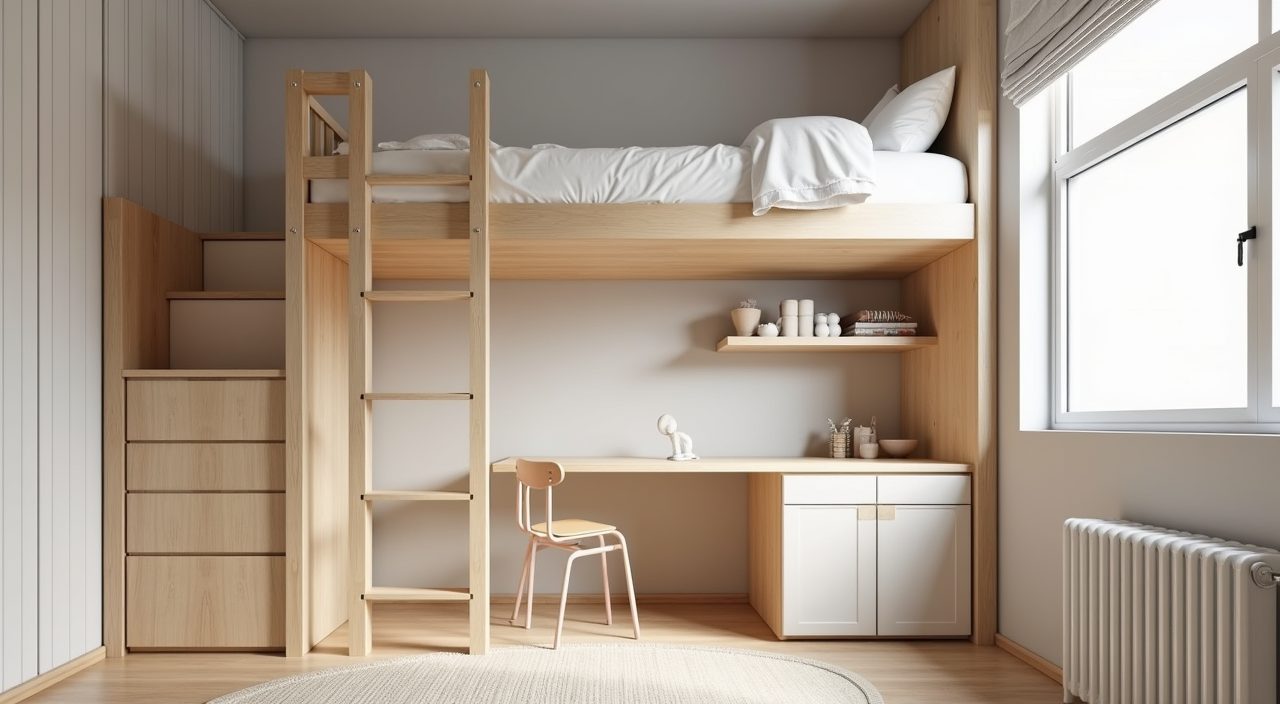 Contemporary Singapore BTO kids bedroom with a loft bed and study desk underneath to reclaim floor space