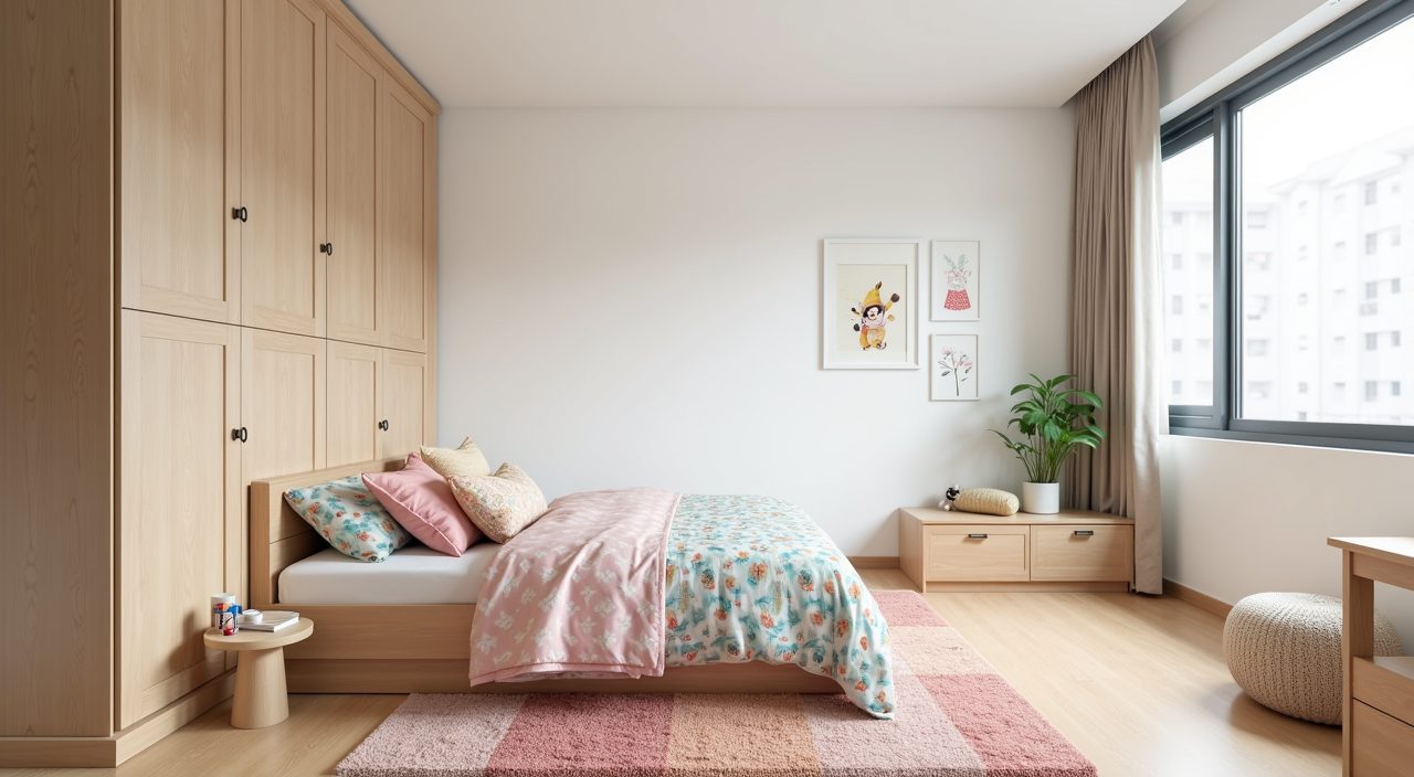 Contemporary Singapore BTO kids bedroom with a neutral palette and swappable colourful bedding and rug