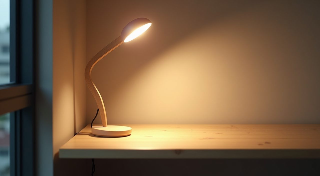 Lighting detail of a desk task lamp on a pale oak desktop in a contemporary Singapore BTO kids bedroom