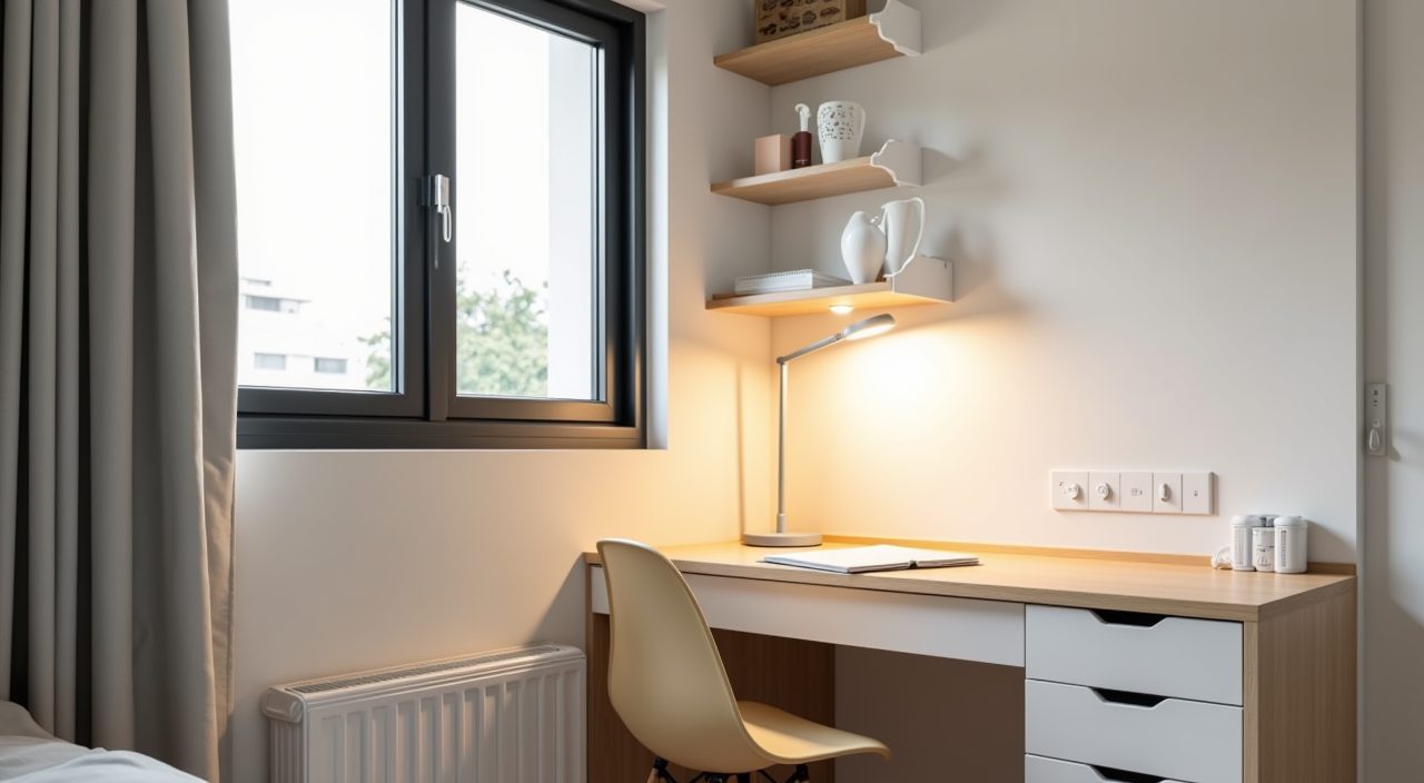 Contemporary Singapore BTO kids bedroom study desk by the window with a task lamp and layered lighting