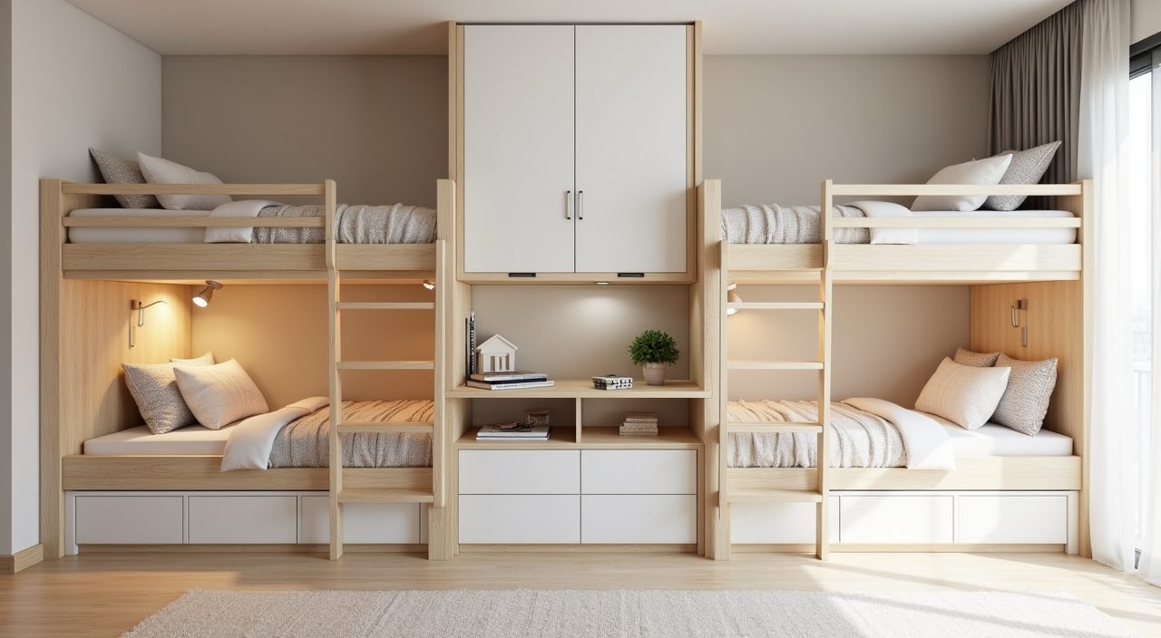 Contemporary Singapore BTO shared kids bedroom with a built-in bunk bed and shared study zone