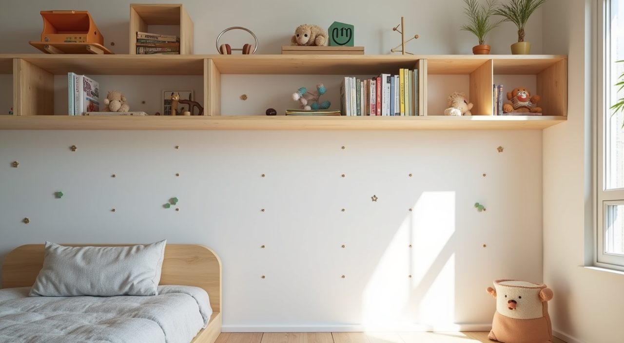 Close up of a child-height pegboard and open shelves in a contemporary Singapore BTO kids bedroom
