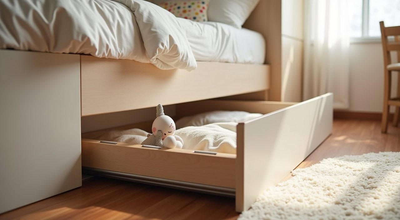 Close up of an under-bed pull-out storage drawer in a contemporary Singapore BTO kids bedroom