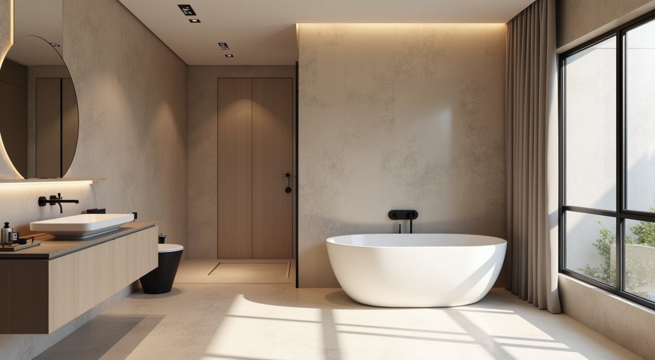 Contemporary condo bathroom in a warm neutral greige palette showing an open, light filled space