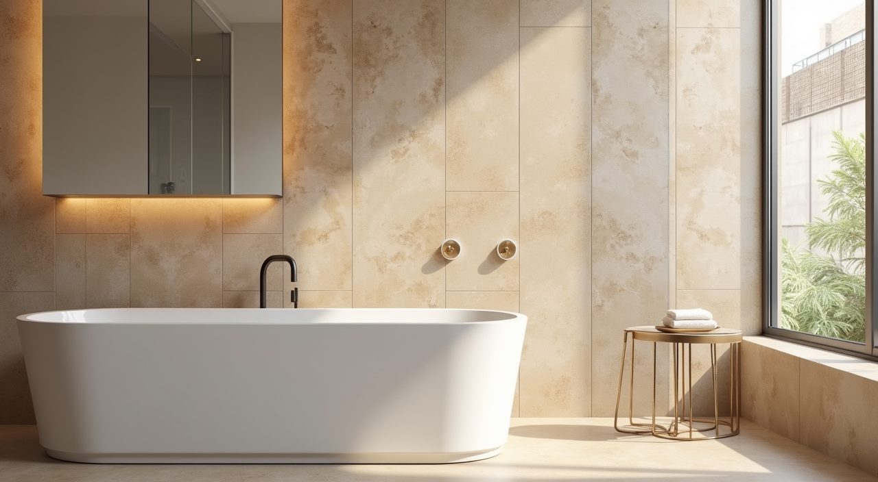 Close up of large format warm stone effect porcelain tiles with minimal grout lines in a contemporary condo bathroom
