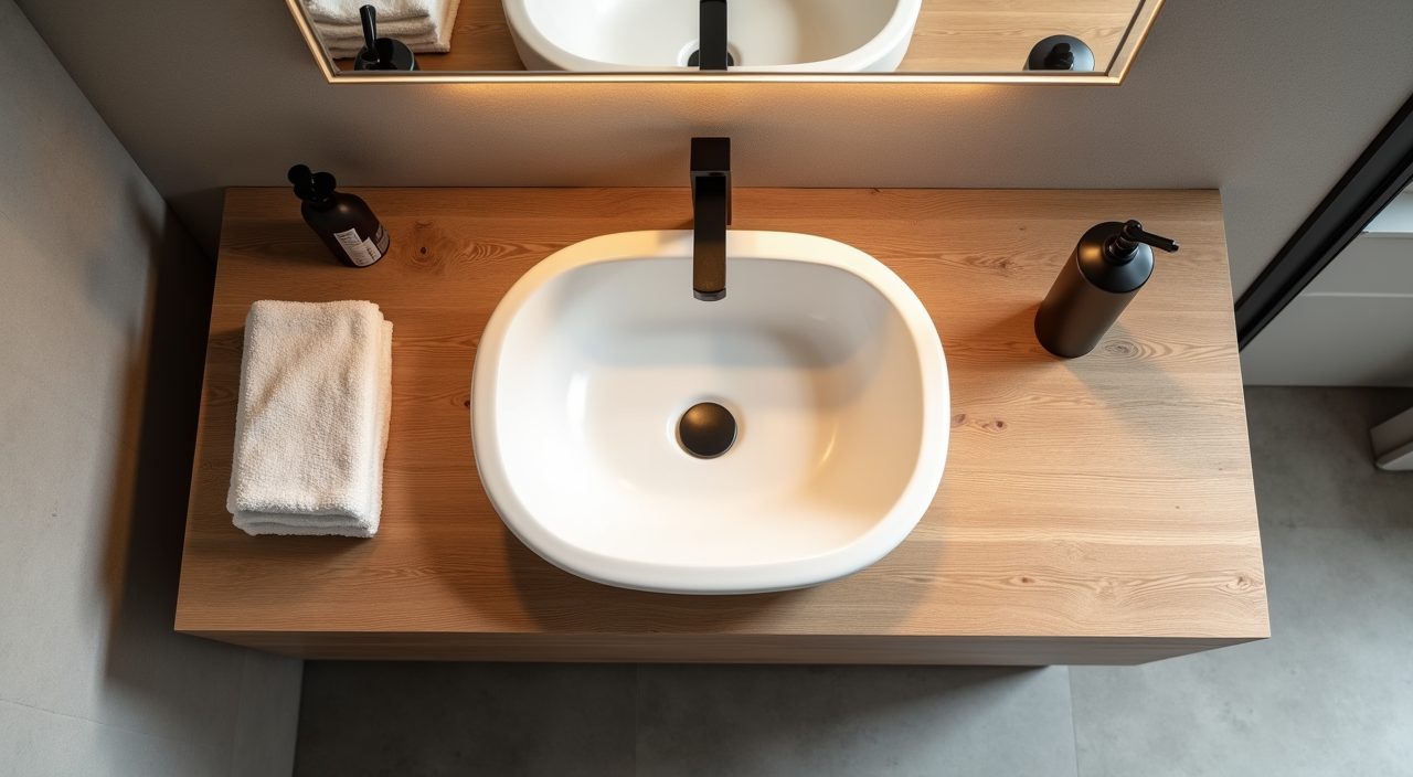 Overhead detail of a timber look vanity top with basin and linen towel in a contemporary condo bathroom