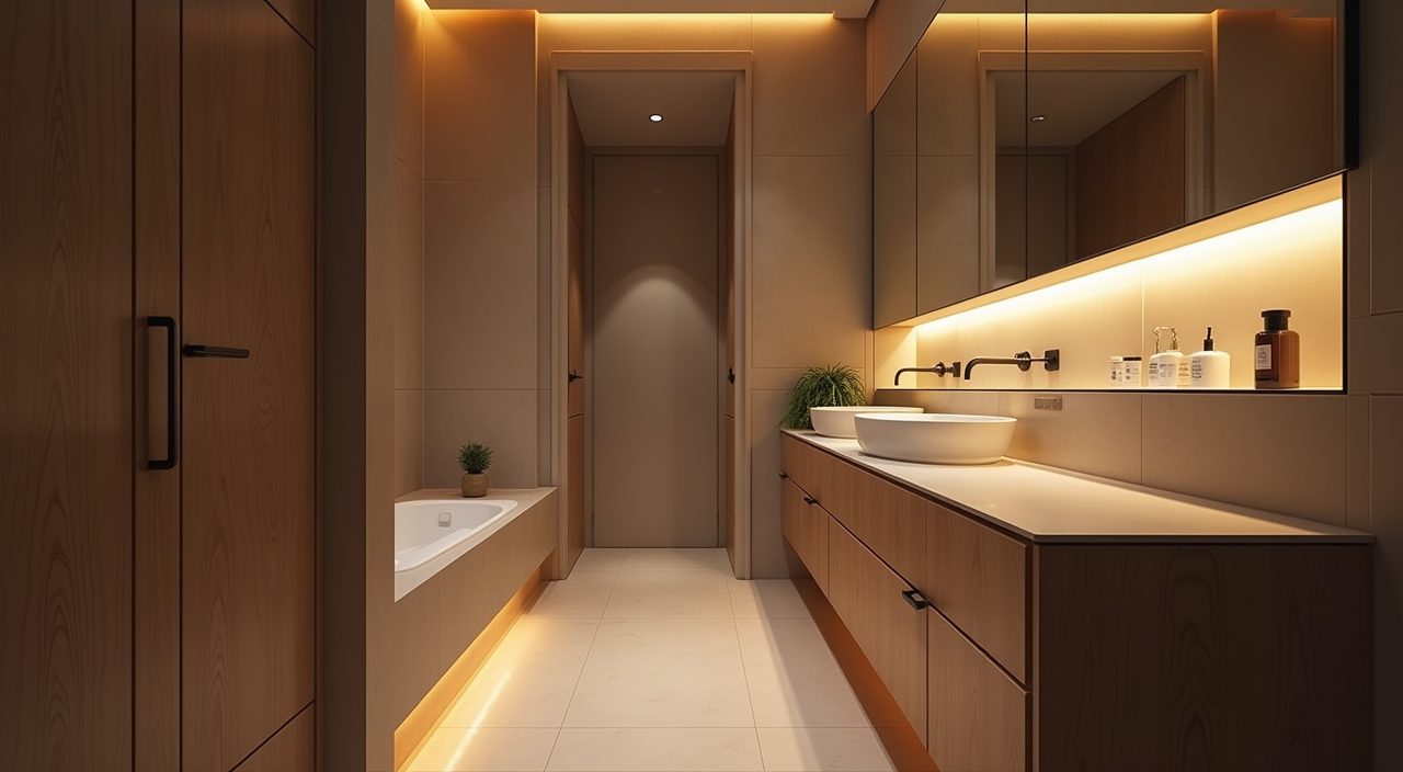 Dusk mood shot of a contemporary condo bathroom with warm ambient glow and backlit mirror