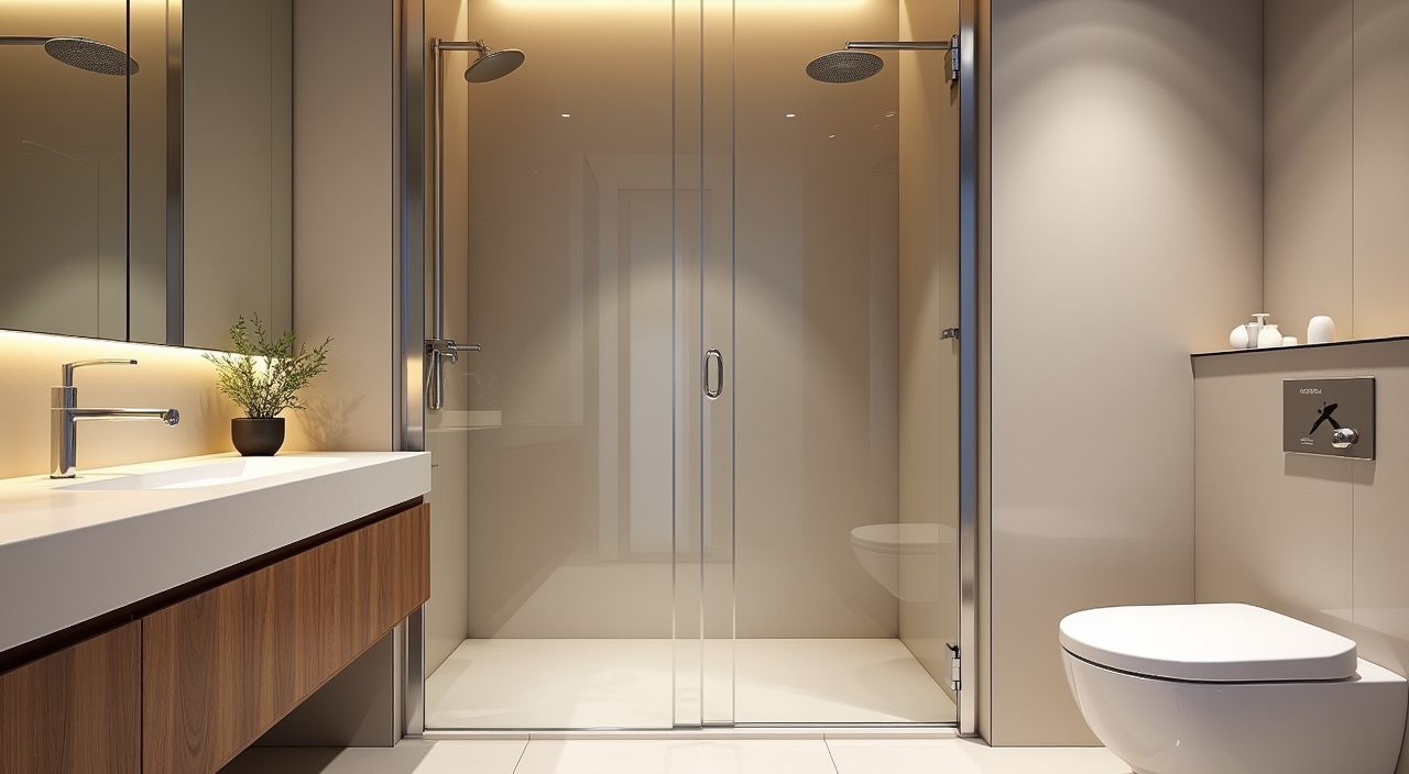 Contemporary condo bathroom with a clear glass shower screen separating the wet shower from the dry vanity zone