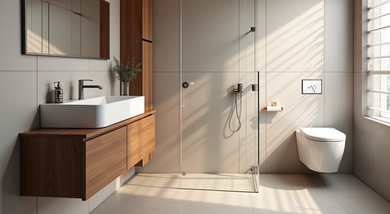 Contemporary condo bathroom with a wall hung vanity and toilet exposing clear floor space