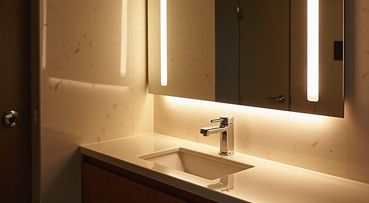 Layered mirror and vanity lighting in a contemporary condo bathroom with integrated LED and side light strips