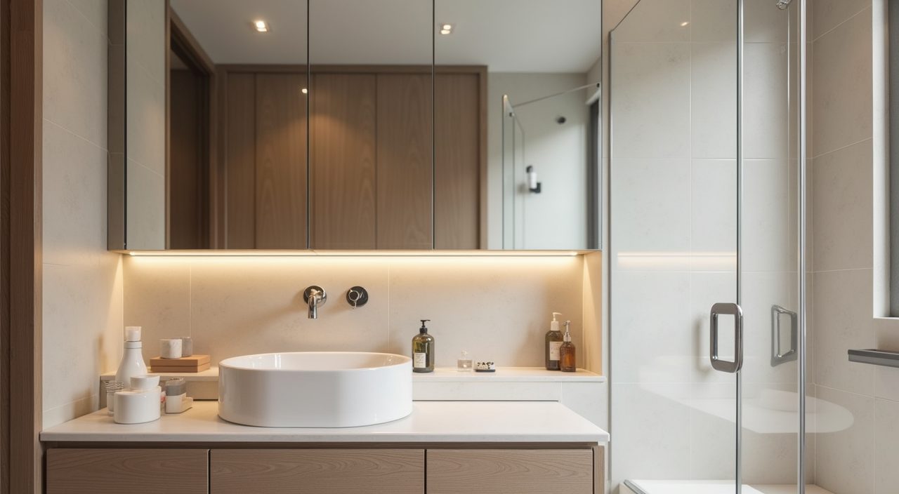 Built in mirror cabinet and recessed shower niche storage in a contemporary condo bathroom