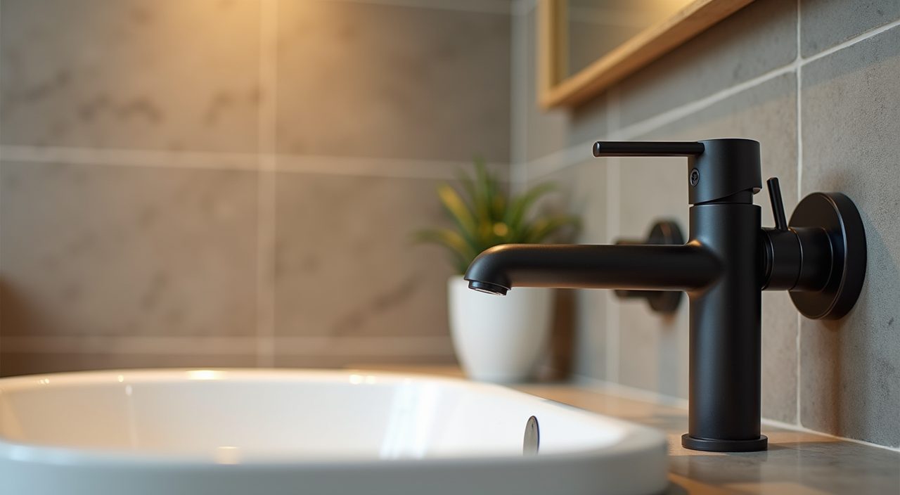 Close up of durable brushed and matte black tapware and an exhaust fan in a contemporary condo bathroom