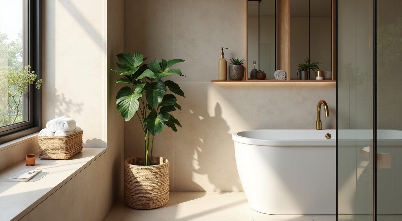Warm corner nook in a contemporary condo bathroom with timber shelf, woven basket and a green pothos plant
