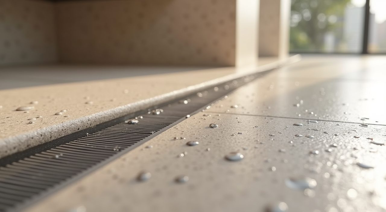 Detail of matte slip resistant porcelain floor tiles and a linear drain in a contemporary condo bathroom