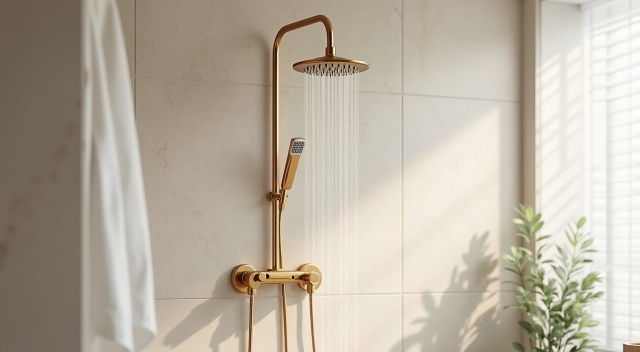 Close up of a warm brass rainfall shower head against pale tiles in a contemporary condo bathroom