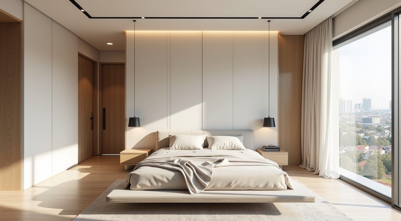 Contemporary Singapore condo bedroom with warm greige walls and light oak accents