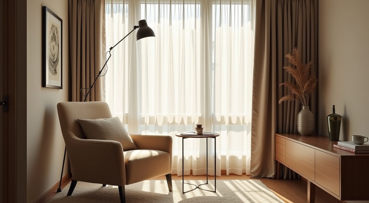 Contemporary Singapore bedroom reading nook corner with armchair and slim floor lamp