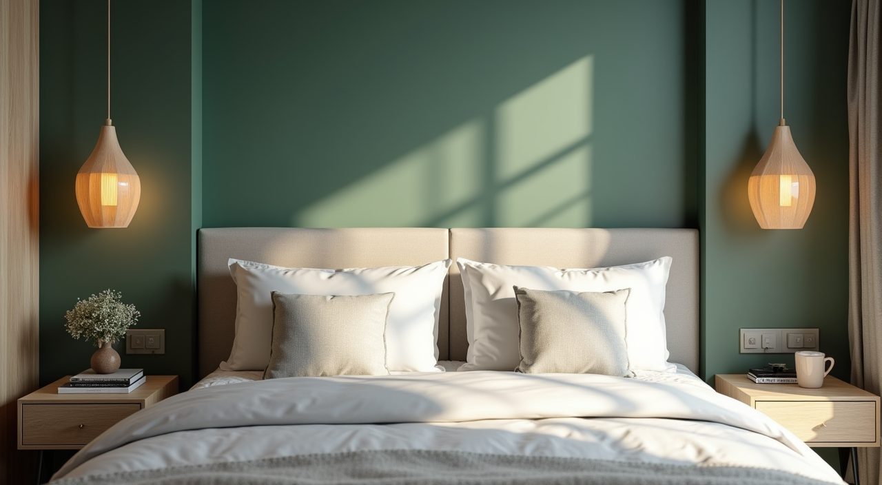 Contemporary Singapore bedroom muted green accent headboard feature wall detail