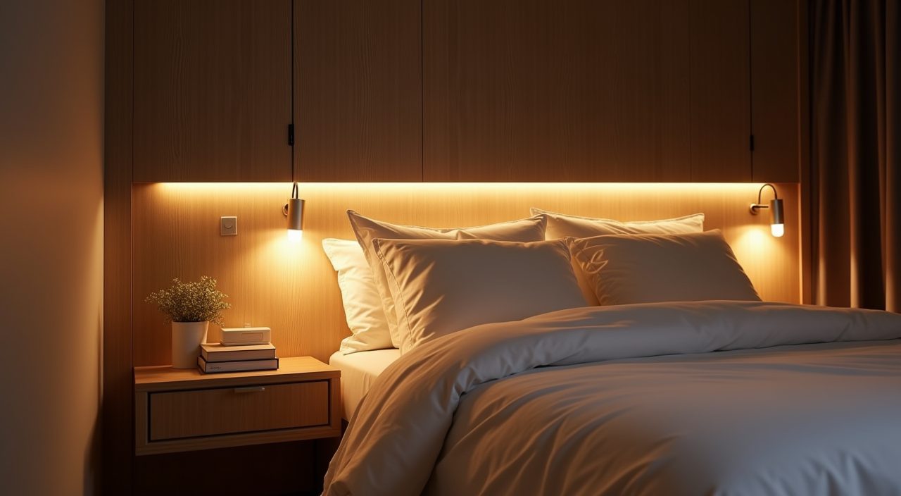 Contemporary Singapore bedroom layered lighting with bedside wall lights and headboard LED strip