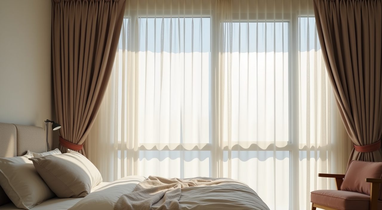 Contemporary Singapore bedroom layered sheer curtain and blackout blind blocking afternoon sun