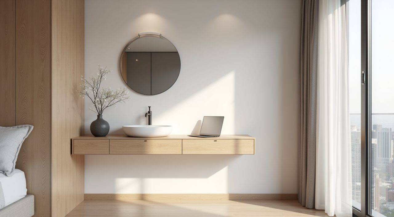 Contemporary Singapore bedroom slim wall mounted vanity and work nook with round mirror