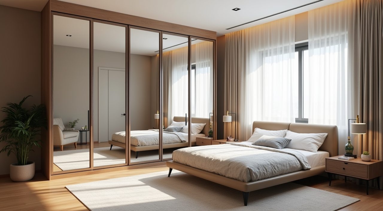 Contemporary Singapore bedroom with mirrored wardrobe doors and low profile furniture