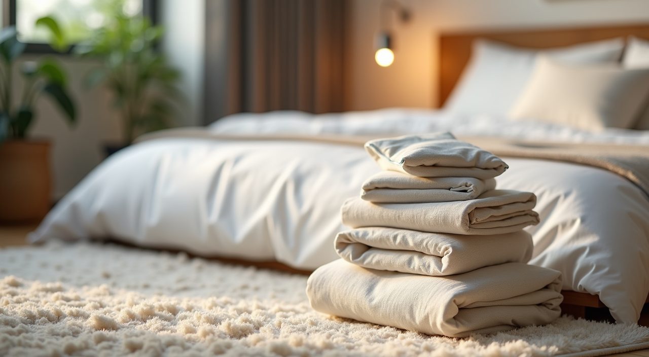 Contemporary Singapore bedroom close up of linen bedding and low pile rug texture