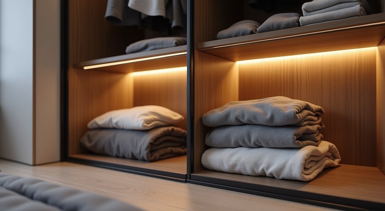Contemporary Singapore bedroom wardrobe interior detail with strip lighting and shelving
