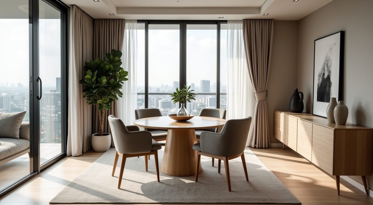 Contemporary Singapore condo dining area with a round light oak table shaped to suit an open plan floor layout