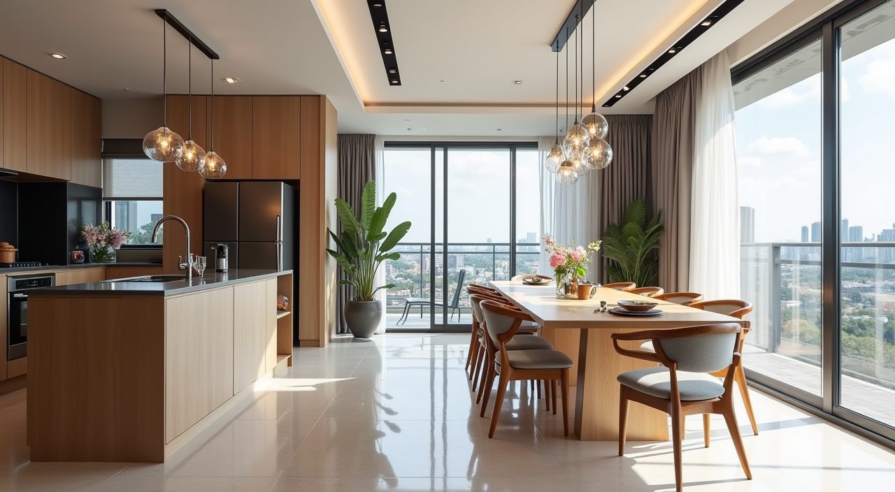 Contemporary Singapore condo dining area showing generous walkway clearance around a rectangular dining table