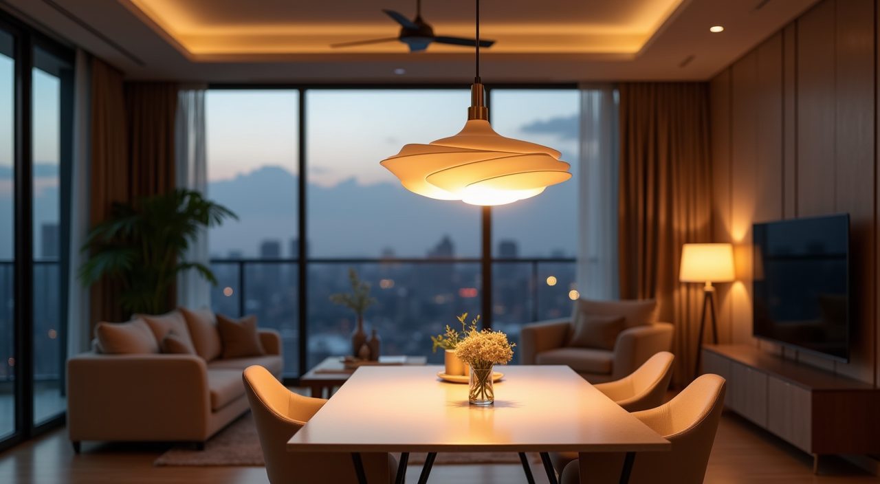 Contemporary Singapore condo dining area lit by one sculptural pendant hung low over the table
