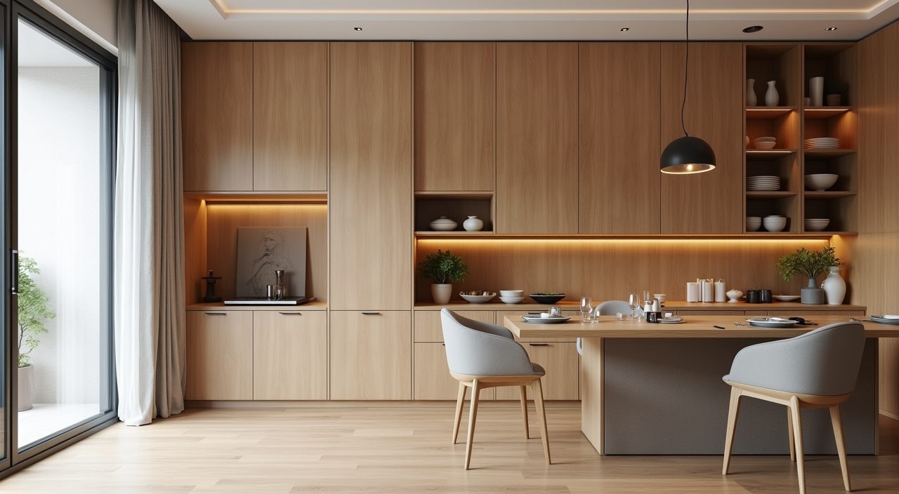 Contemporary floor to ceiling carpentry storage wall in a Singapore condo dining area with closed doors and open niches