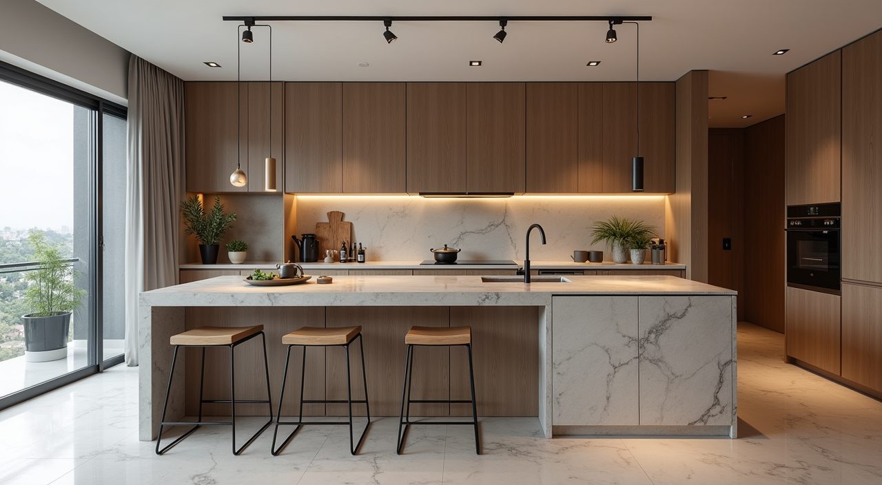Contemporary Singapore condo kitchen island merged into a dining counter with bar stools
