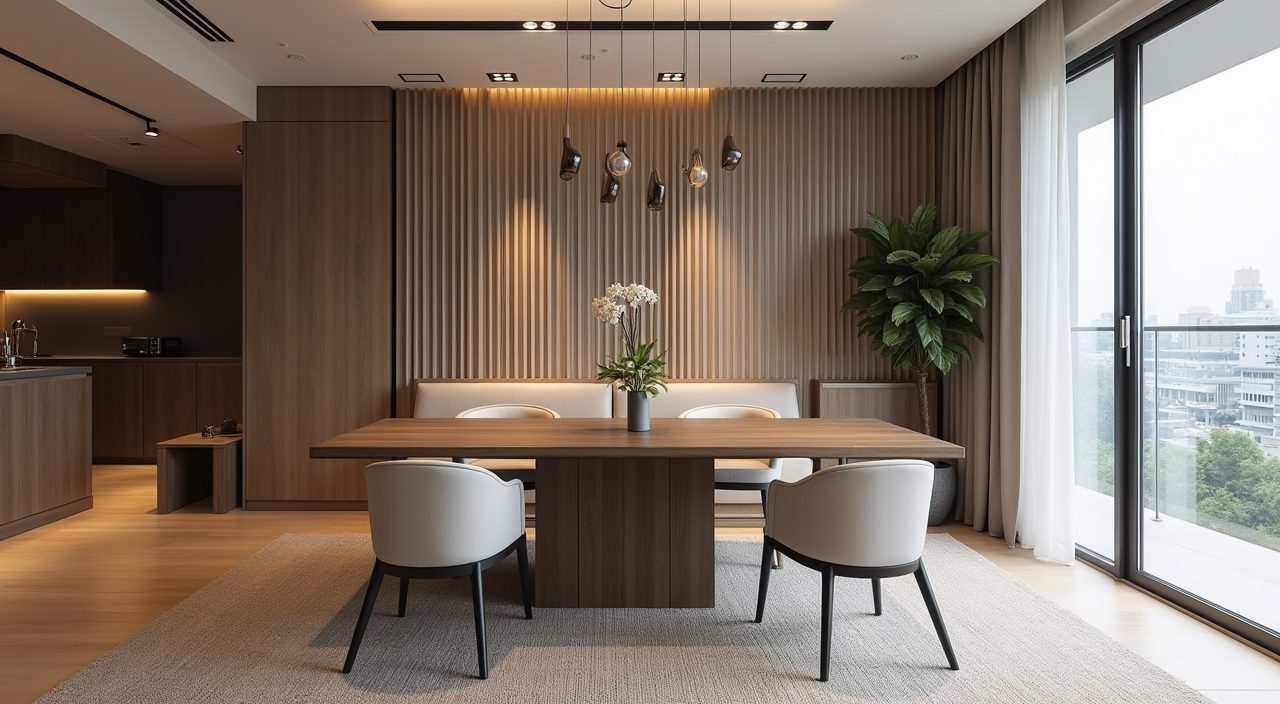 Contemporary Singapore condo dining zone defined by a flatweave rug and a fluted feature wall