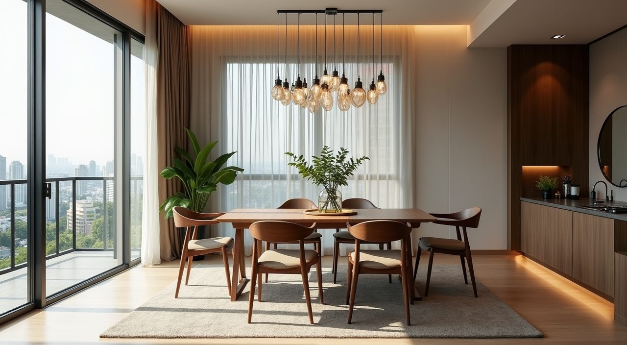 Contemporary Singapore condo dining area with a large mirror and full height balcony window for natural light