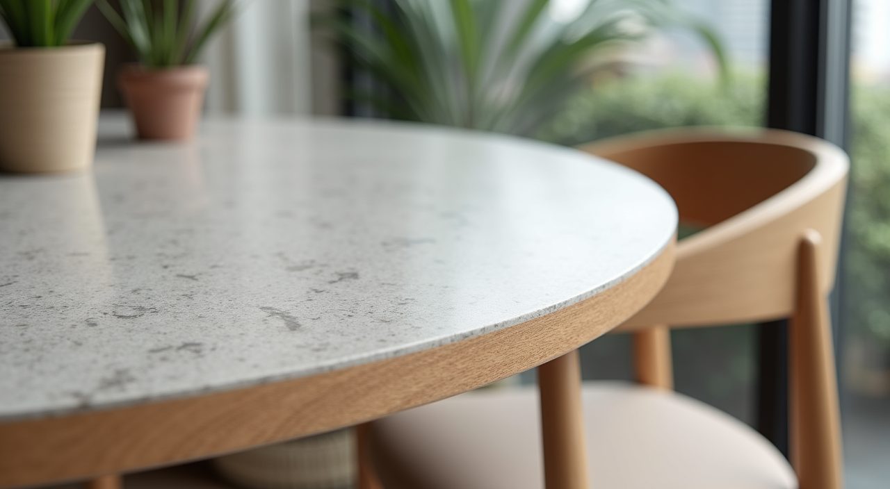 Close up of a matte sintered stone dining tabletop in a contemporary Singapore condo dining area