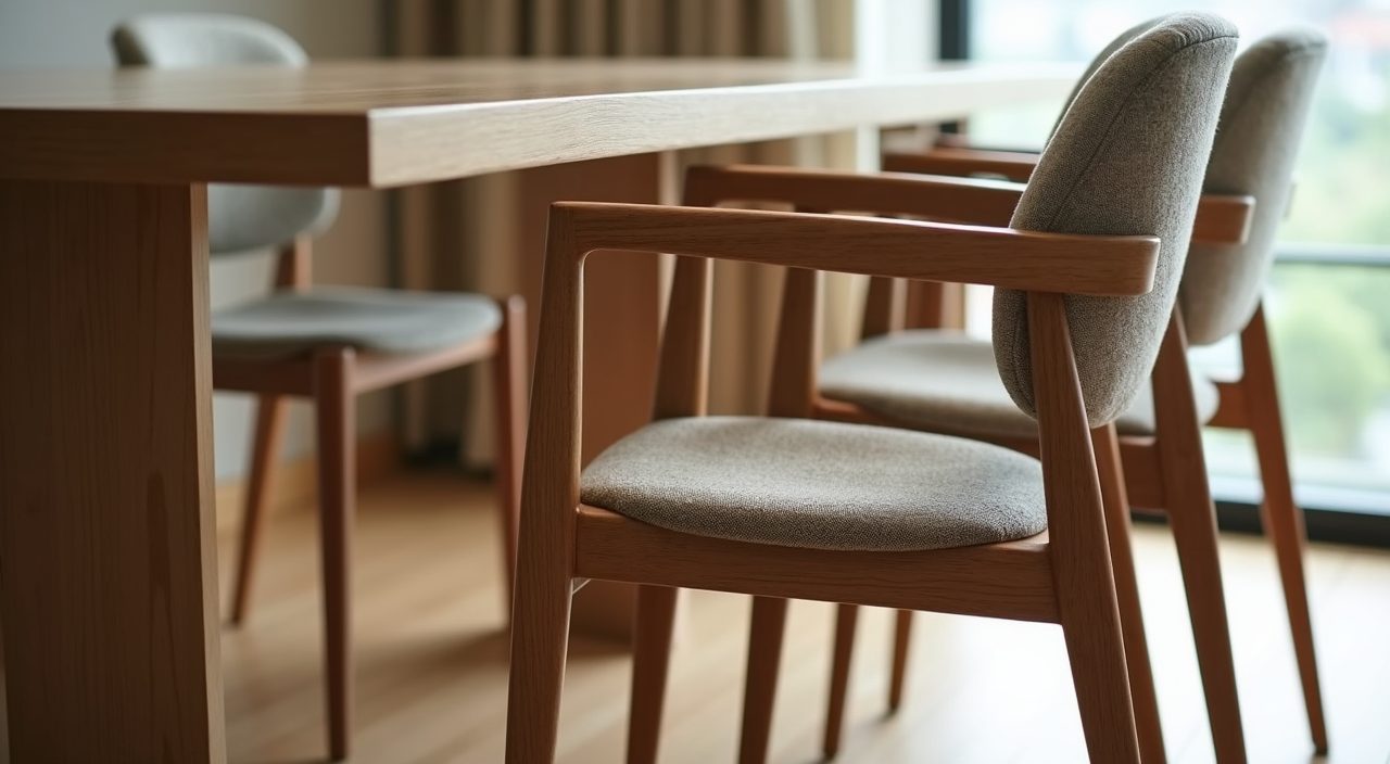 Furniture detail of woven upholstered dining chairs and slim oak legs in a contemporary Singapore condo dining area