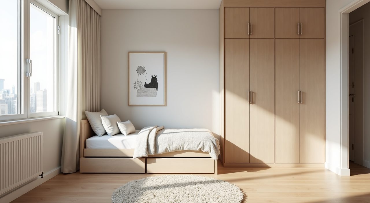 Contemporary Singapore condo kids room with a single storage bed and under bed drawers reclaiming floor space