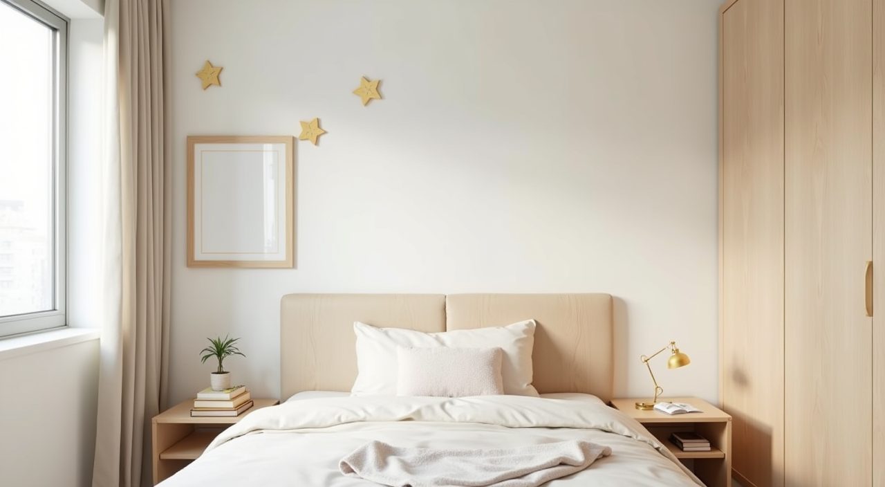 Contemporary Singapore condo kids room with a light warm off white palette and removable decor accents