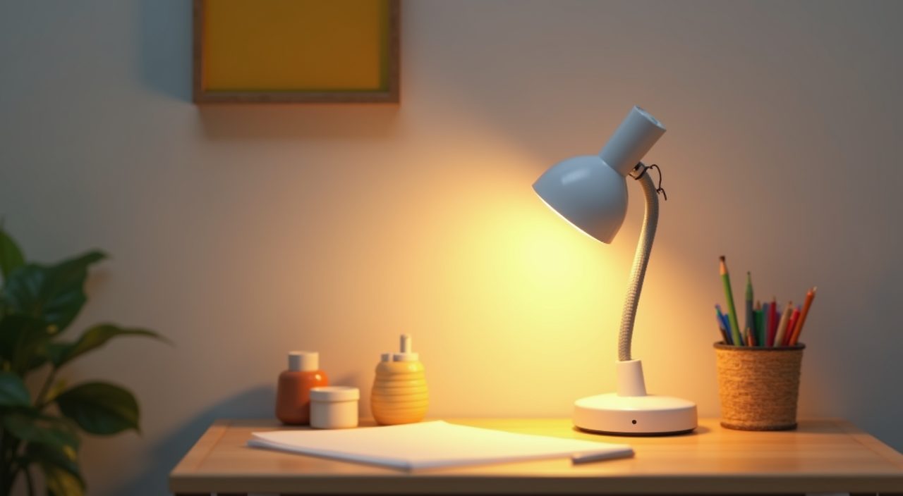 Lighting detail of a warm desk task lamp on a study desk in a Singapore condo kids room