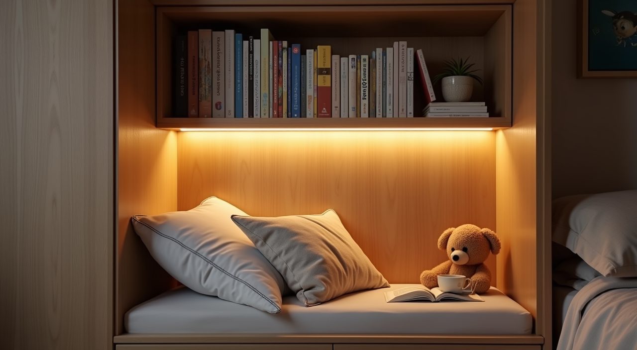 Cosy reading nook corner with picture books and a soft night light in a Singapore condo kids room
