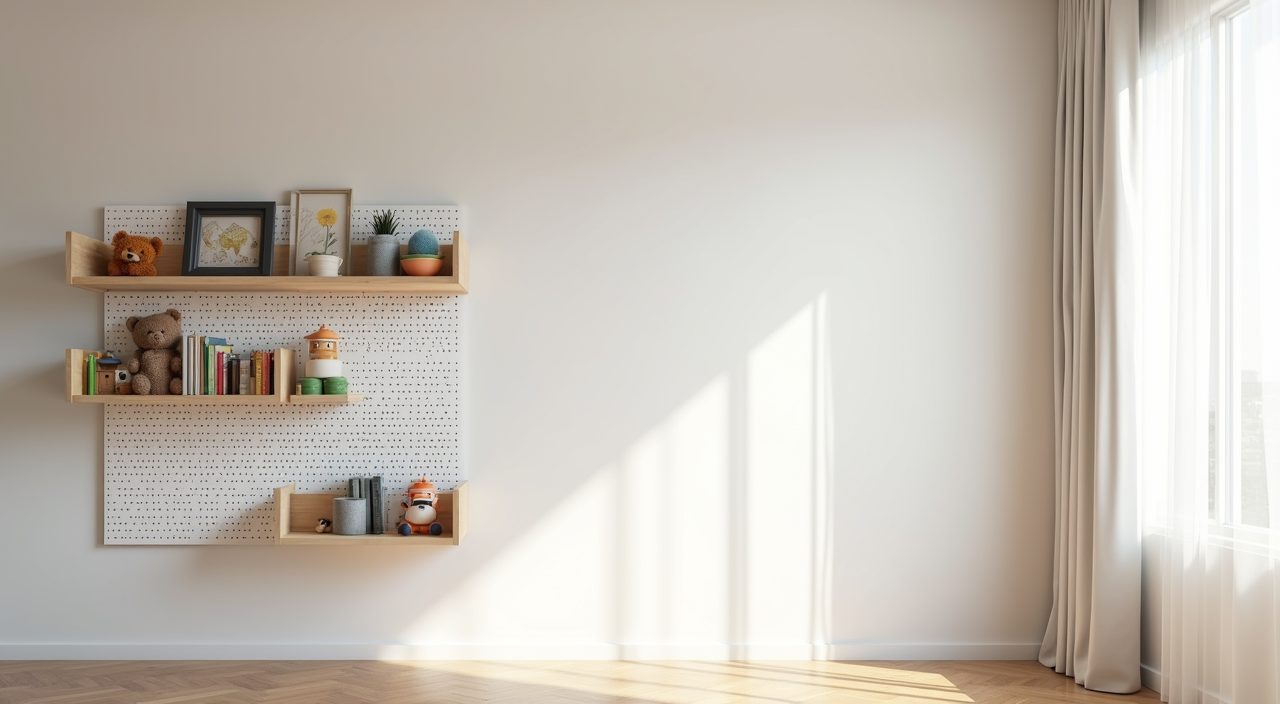 Contemporary Singapore condo kids room with vertical wall shelving and a pegboard for storage