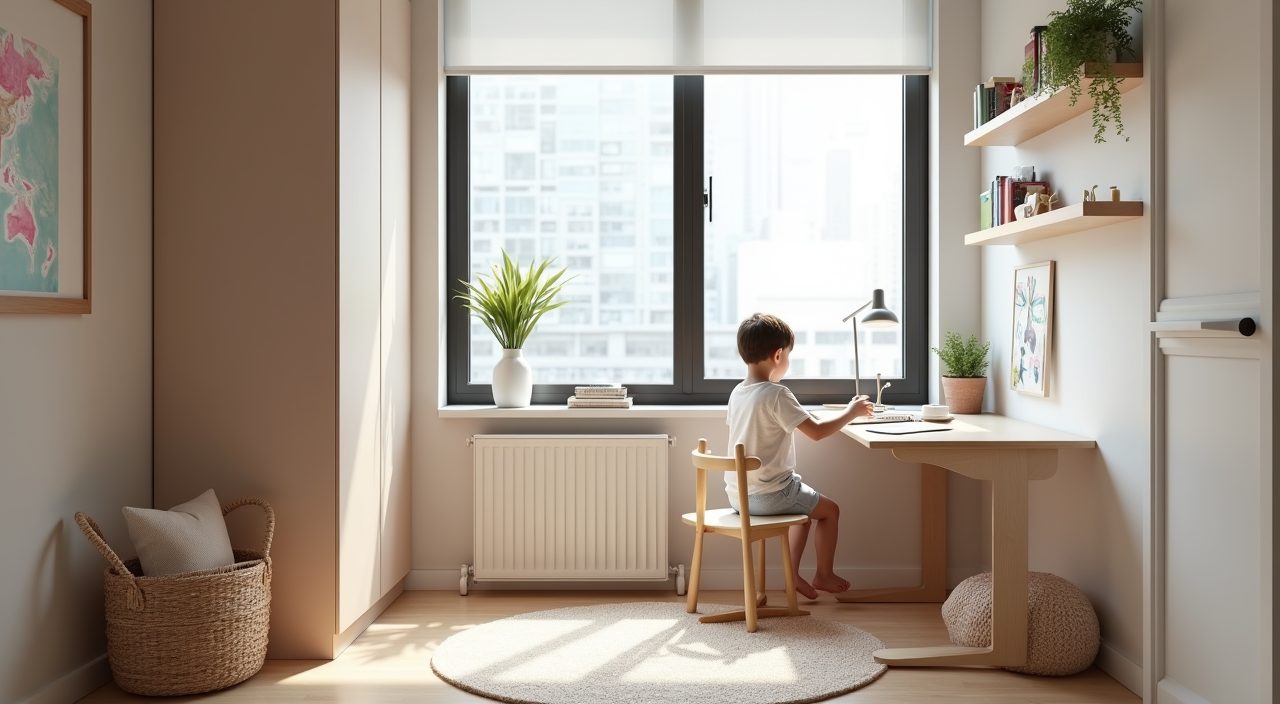 Contemporary Singapore condo kids room study corner with a compact desk beside a window