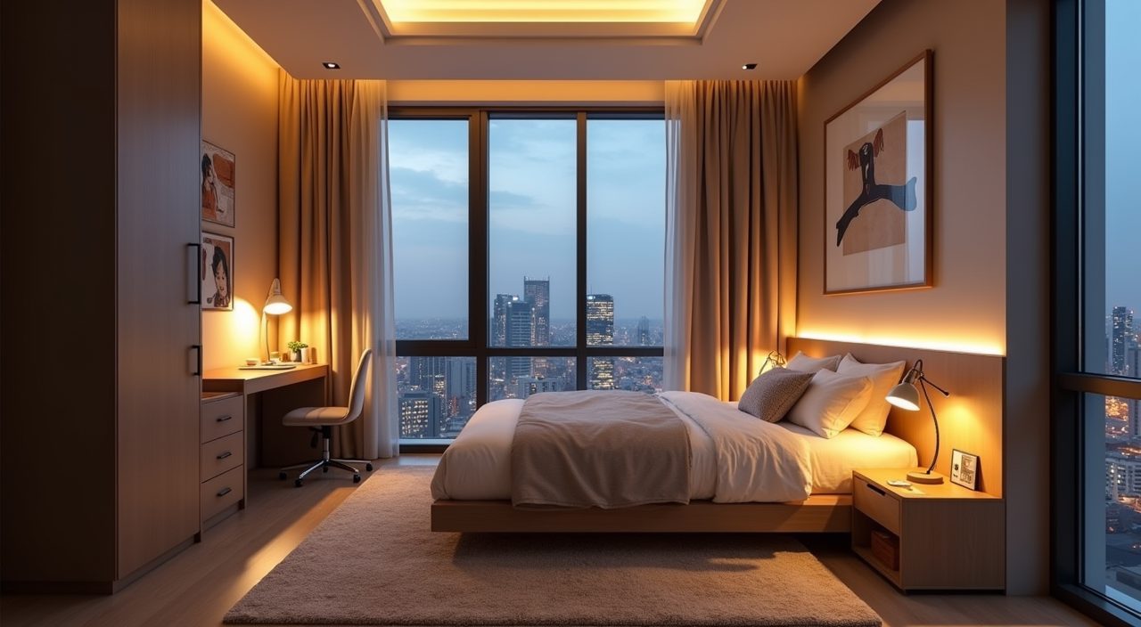 Contemporary Singapore condo kids room showing layered ceiling, desk and bedside lighting