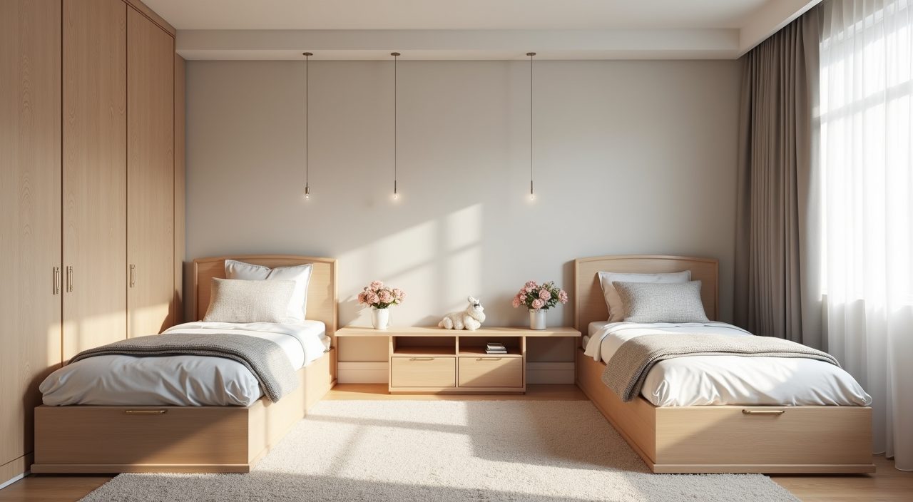 Contemporary Singapore condo shared kids room with two single beds in an L shaped layout