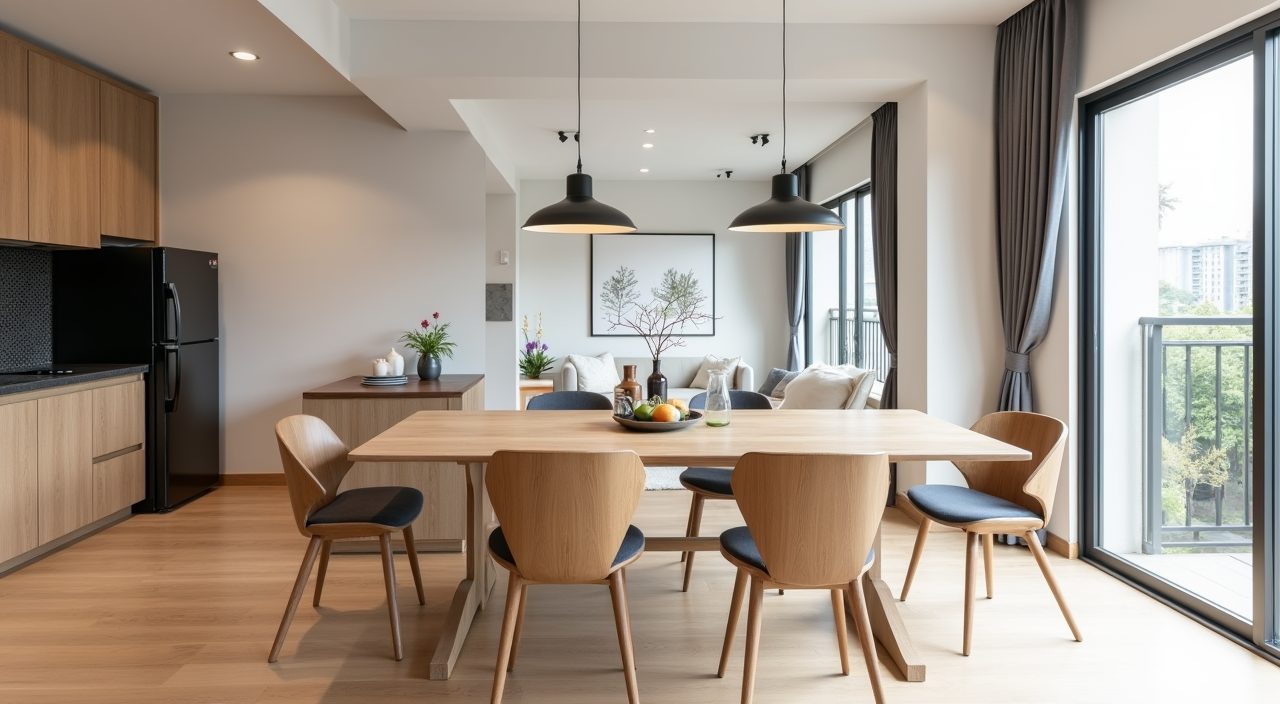 Contemporary HDB dining area with a rectangular oak table sized for clear walkway space