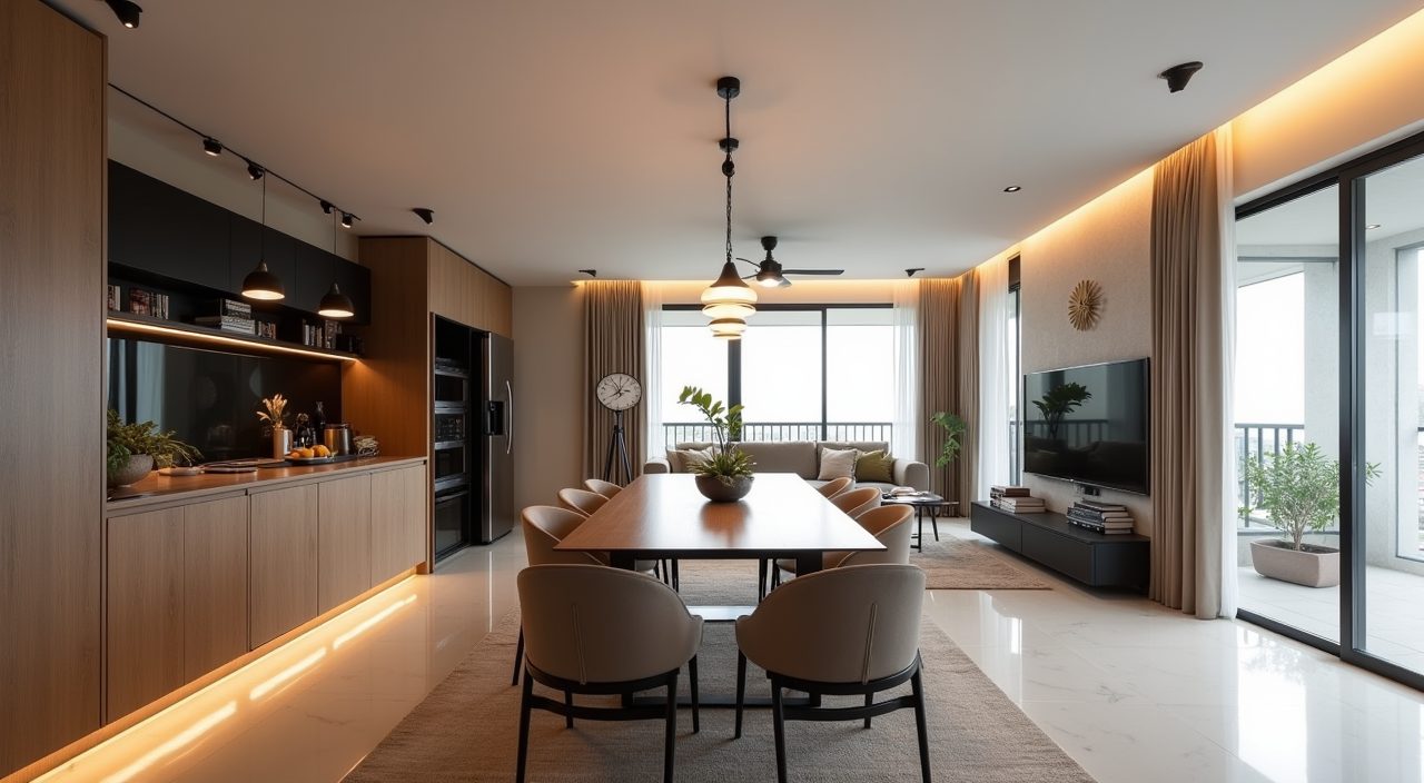 Contemporary HDB dining area with a linear pendant light defining the zone over the table