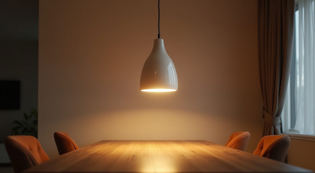 Warm white dining pendant on a dimmer in a contemporary HDB flat at evening mood