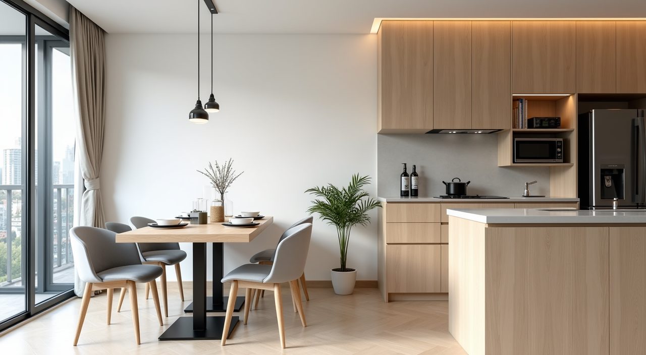 Corner nook of a contemporary HDB dining area with a large mirror reflecting daylight