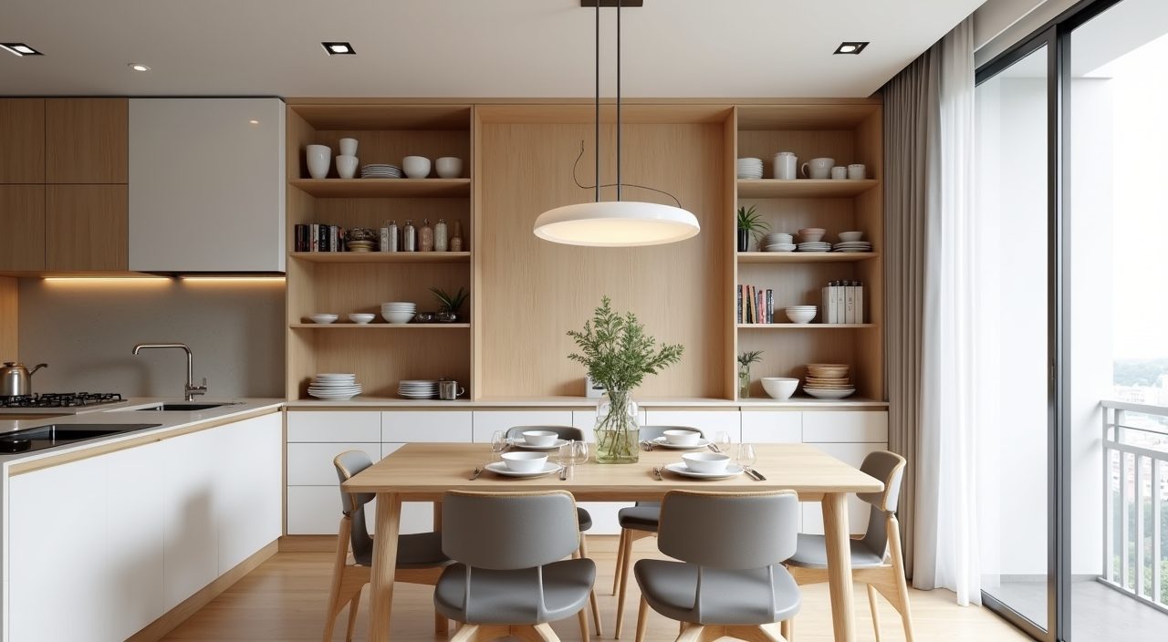Contemporary HDB dining wall with a slim full-height storage unit of open shelves and cabinets